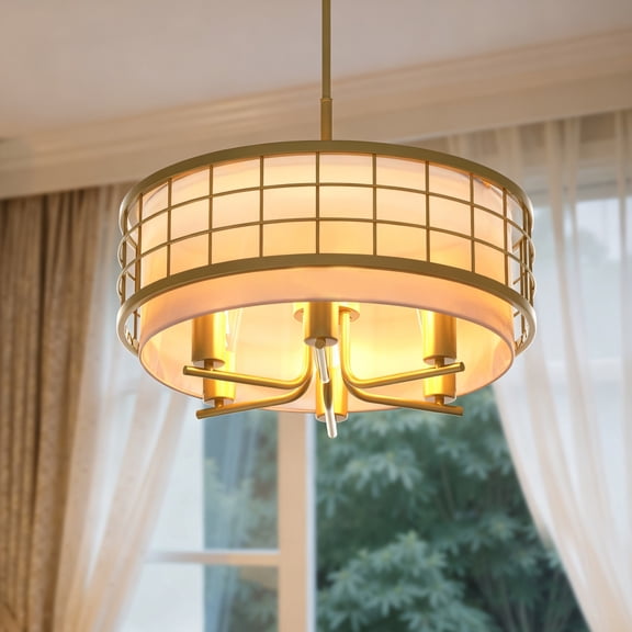 YANSUN 19.7 in 6-Light Modern Drum Chandelier with Linen Shade, Gold Metal Adjustable Height for Dining Room Living Room