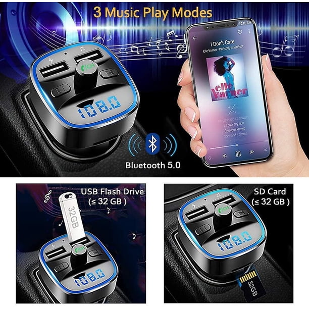 Transmisor FM Bluetooth para coche, coche de radio inalámbrico con luz de anillo ambiental azul