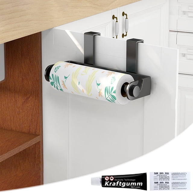 Oefntac Paper Towel Dispenser Wall Mounted Kitchen Paper Towel and Cling Film Dispenser with No Drill Installation Multi Function Rack for Cloth Storage and Roll Paper Organizer 12ml Glue