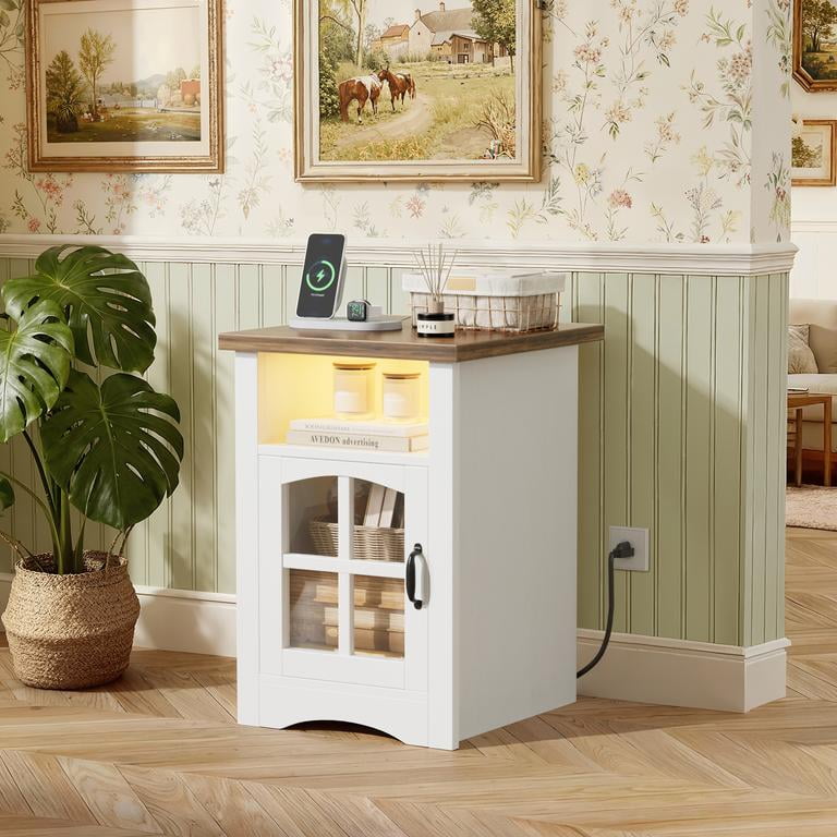 Homall Nightstand with Charging Station & Adjustable LED Lights, End Table Bedside Table with Glass Door & Open Shelf for Bedroom Living Room, White