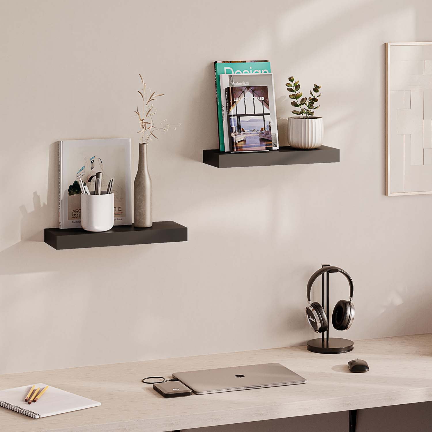 Ballucci 16" Floating Shelves for Wall, 2-Pack with Invisible Brackets, 6" Deep, Black