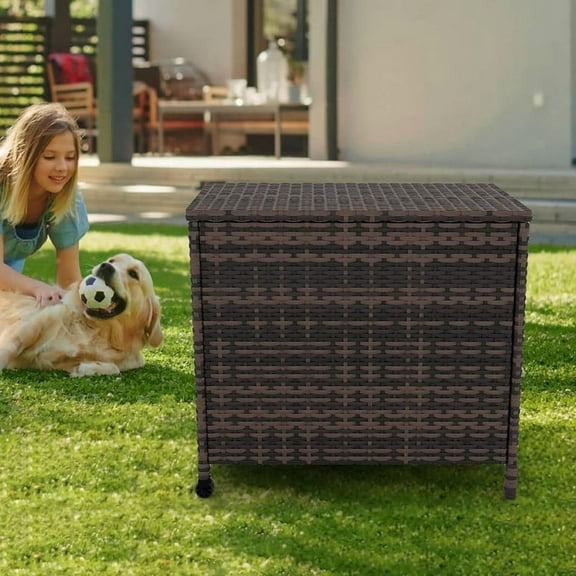 Towallmark Outdoor Deck Box, 80 Gallon Waterproof Storage Container With Wheels, Rattan Patio Furniture Box For Garden Tools Pool Equipment, Soft Close Hinges And Handles, Brown