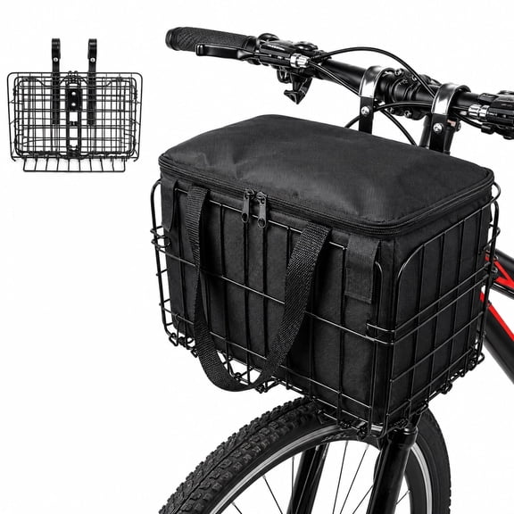 Folding Front Bike Basket with Removable Liner Bag, Quick Release Metal Bicycle Basket for E-Bikes and Adult Bicycles, Traveling with Pets, Groceries