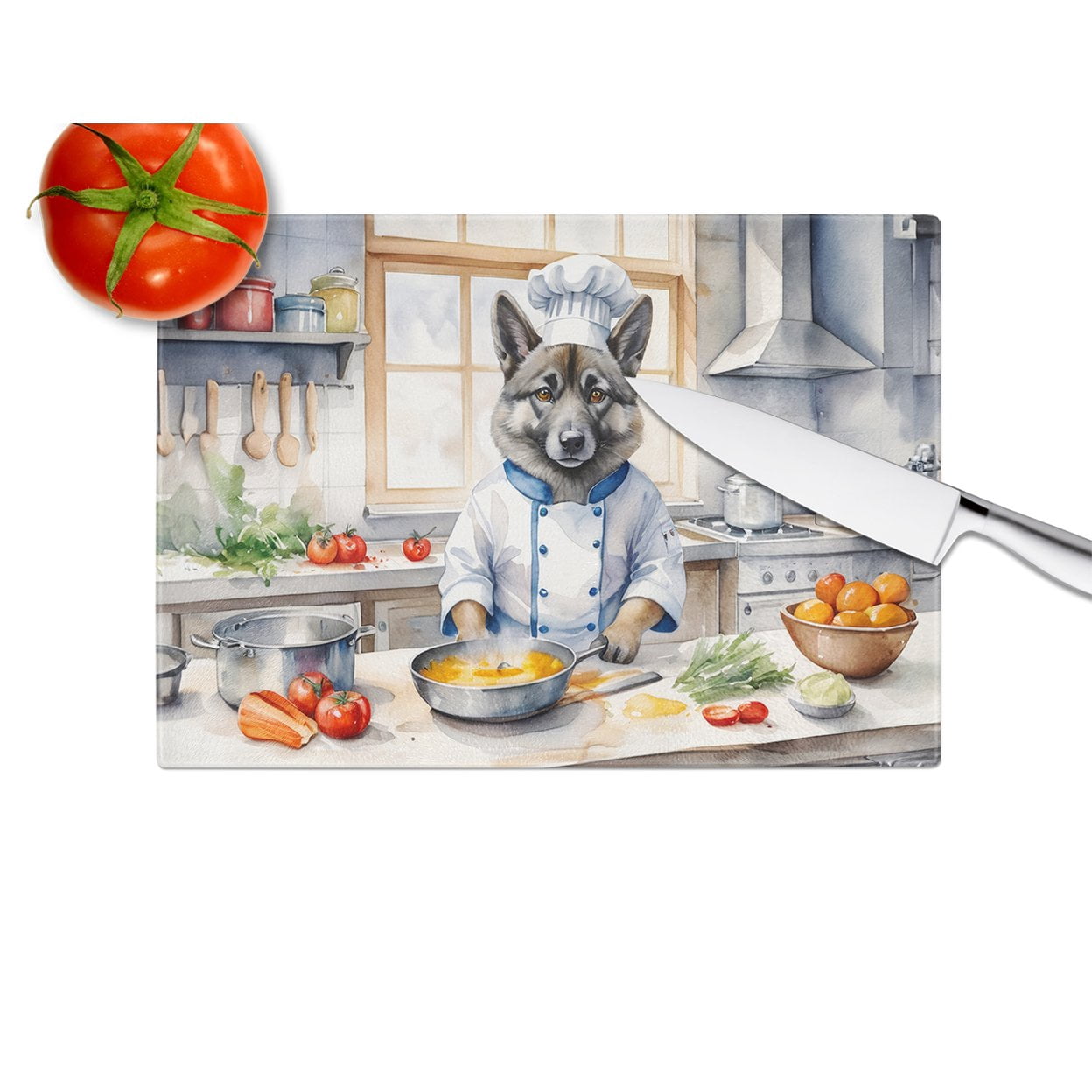 Norwegian Elkhound The Chef Glass Cutting Board 12 in x 15 in