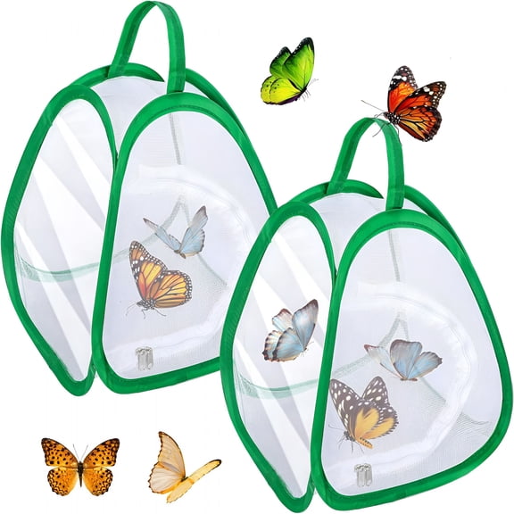 BESTSKY 2 Pcs Mini Butterfly Habitat Cage- 10 X 8.8 X 8 Inch Collapsible Insect Mesh Cage- Portable Butterfly Net Habitat with Zipper for Transporting and Raising