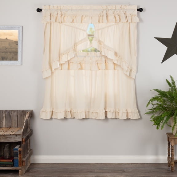VHC Brands Muslin Ruffled Unbleached Natural 4 PC Creme Ruffled Curtain Set (2 Prairie Swag 36x18 and 2 Tier 36x36)