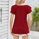 thumbnail image 4 of Camiseta de mujer Cuello cuadrado Color puro Volantes Manga corta Blusa superior para viajes de verano Rojo vino M, 4 of 6