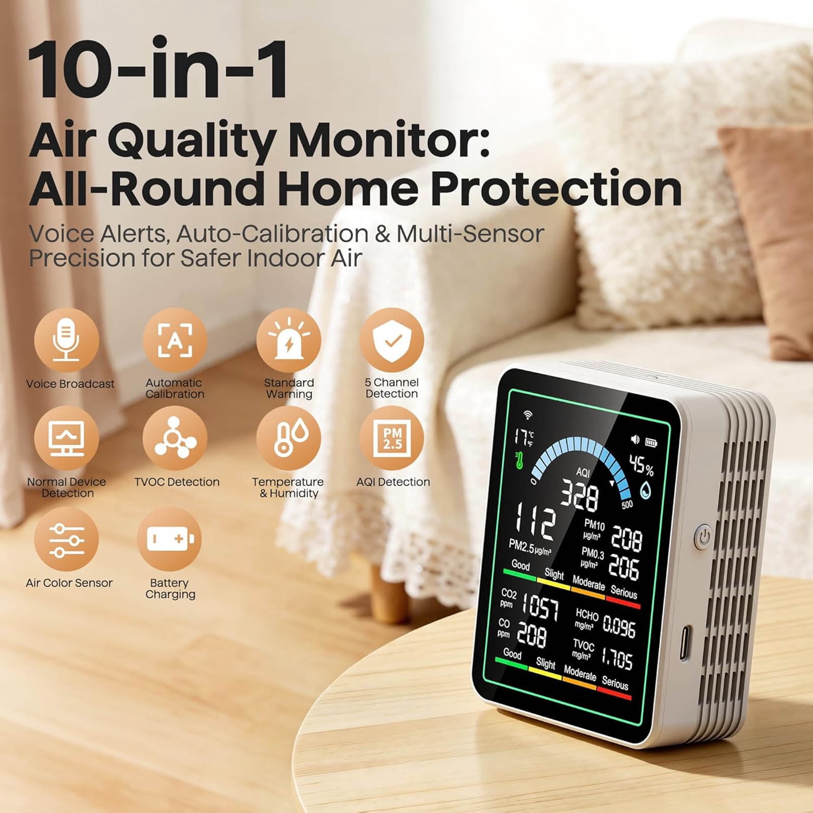 Hotel Indoor Air Quality Monitor 10 in 1 Portable Smart Tester CO2 CO TVOC HCHO PM0.3 1 AQI Humidity