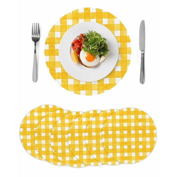 Yellow Plaid Round 15 Inch Placemats Set of 6, Watercolor Grid Checker Gingham Farmhouse HeatResistant Non Slip Place Mats for Dining Table, Wipeable Braided Kitchen Table Mats for Housewarming