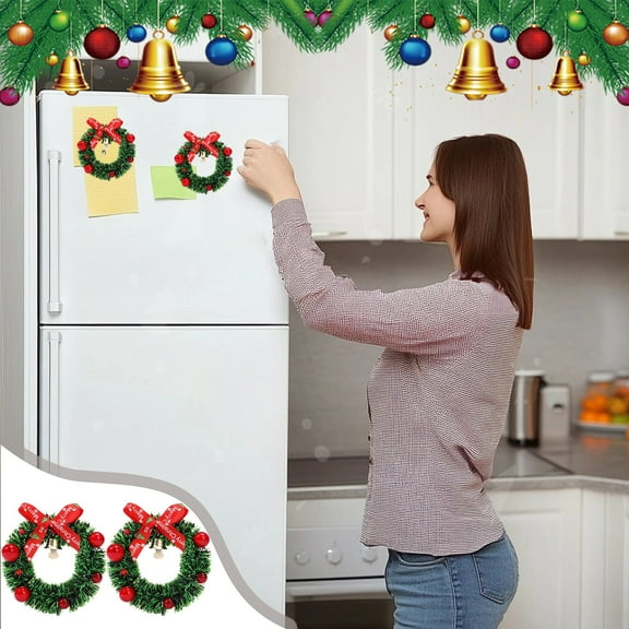 Taicans 2 Pack Mini Christmas Wreath Fridge Magnets,Christmas Wreath Mini Christmas Door Wreath with Gold Holly Pine Tips Xmas Ball Christmas Decorations 