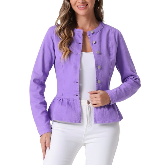 INSPIRE CHIC Women's Denim Jackets Button Down Peplum Hem Long Sleeves Cropped Jean Jacket XL Purple