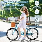 Lilypelle 24/26inch Beach Cruiser Bicycle for Women, 7 Speed Step Through Adult Commute Bike with Basket & Rack,Blue
