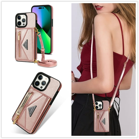 Allytech iPhone 14 Pro Max Case Wallet, Crossbody Shoulder Strap Zipper Wallet with Cards Slots Pocket Shockproof Protective Case Cover for Apple iPhone 14 Pro Max 6.7" - Rosegold