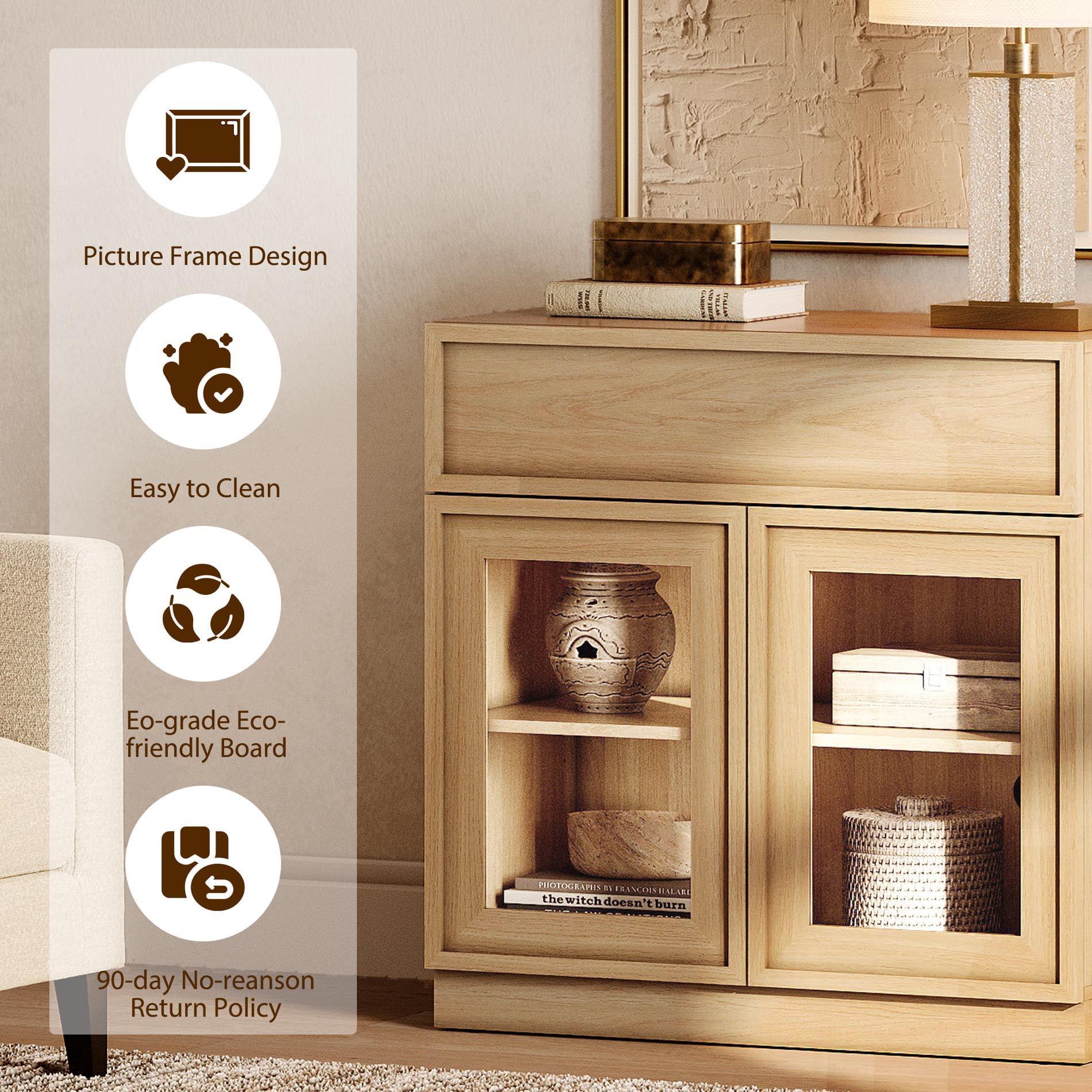 Modern 72" Tall Sideboard Buffet Cabinet, Glass Door Storage Cabinet with Drawers & Adjustable Shelves, Wood Console Cabinet for Dining Room,Entryway,Living Room,Oak