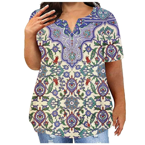 Camisetas Casuales de las Mujeres Largo Casual Impreso Cuello Redondo Suelto Top, Camiseta de Verano de Manga Corta