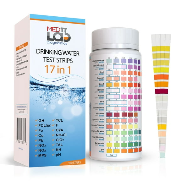 17 in 1 Drinking Water Testing Kit Strips(100ct) for Pool, Spa, Hot Tubs, Tap, and Well Water. Testing for Hardness, ph, Chlorine, Fluoride, and More