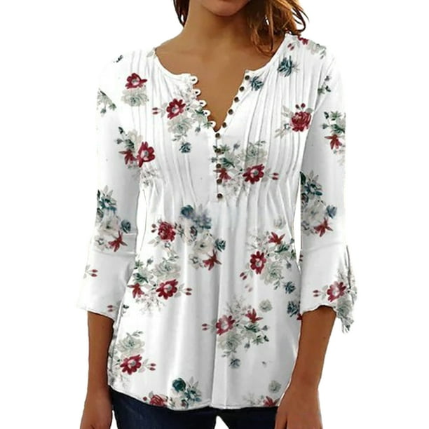 Qarigey Tops de manga 3/4, camiseta oscilante, túnica de verano, lavable, atractiva, de larga duración, con parte delantera plisada, para Prendas para la parte del cuerpo Blanco L