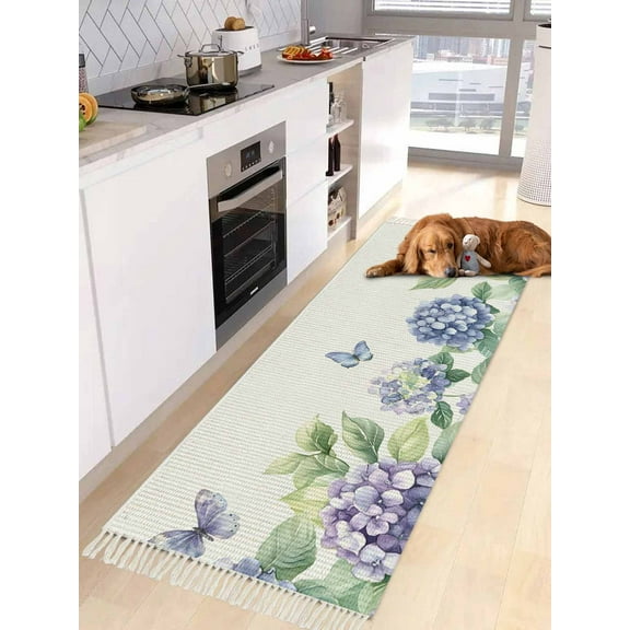 Flower Butterfly Entryway Runner Rug 2x4ft,Blue Purple Watercolor Wilflower Washable Woven Living Room Hallway Bedroom Kitchen Carpet with Tassels,Indoor Outdoor Throw Door Mat for Entryway
