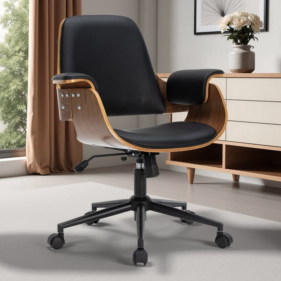 X Xishe Mid Century Modern Home Office Chair PU Leather Desk Chair,360° Swivel Computer Chair,Adjustable Height Vanity Chair with Armrests and Wheels for Office Reading Room Bedroom,Black