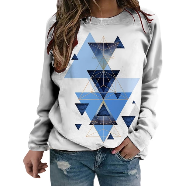 Camisas informales de manga larga para mujer, sudadera de cuello redondo con estampado de rombos geométricos, jersey de cuello redondo, Tops tipo túnica holgados Pompotops FGAJ1165
