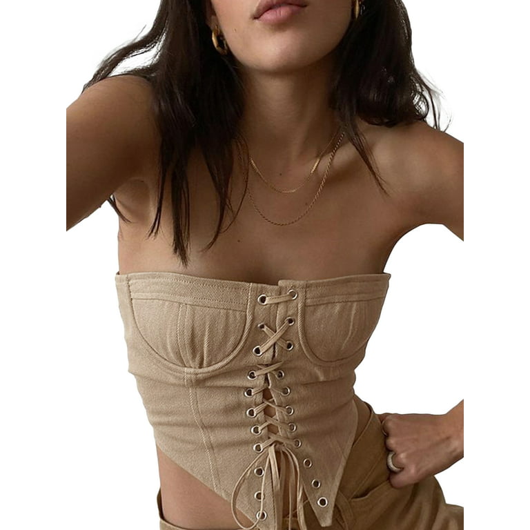 Corset Tops for Women Backless Bandage Lace Up Bustier Push Up Sexy Crop  Tank Cami