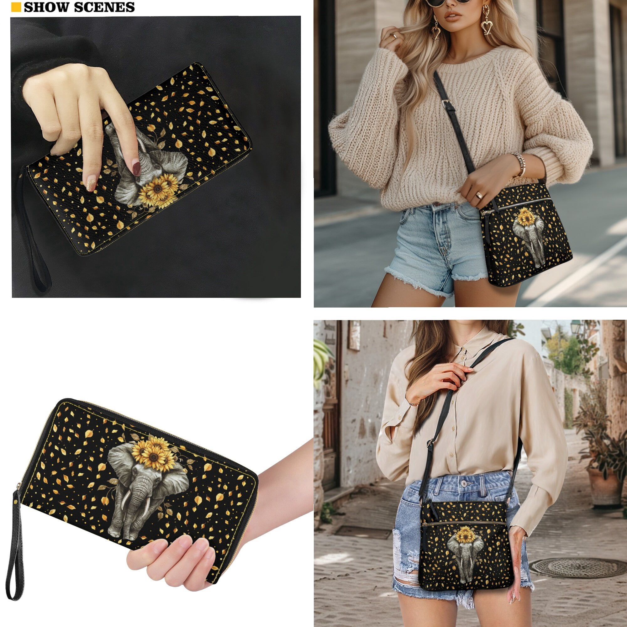 LedBack Elephant Sunflower Leather Shoulder Purse with Wallet Set Multi Pocket Crossbody Purse Hobo Bag Satchel Handbag Leather Wallet with Wrist Strap, Black