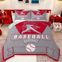 Homewish Baseball Sport Theme Bedding Comforter Set,Ball Gamer Twin Comforter Sets,Red Gray Bedding Set For Kids,Microfiber Bedroom Decor Reversible,2pcs