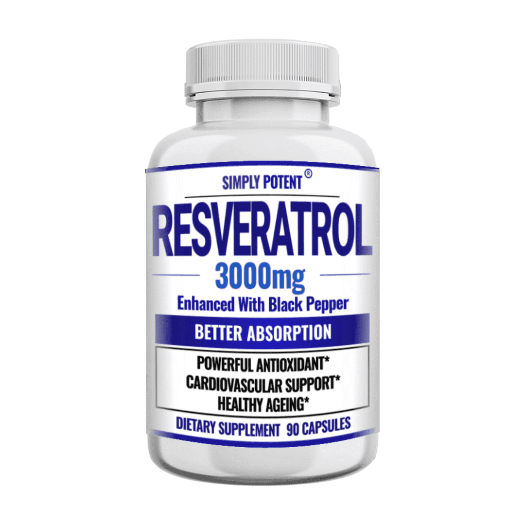 Simply Potent Resveratrol 3000mg Supplement, Trans-Resveratrol Antioxidant with Black Pepper for Heart, Brain & Anti-Aging, Vegan, 90 Ct