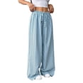thumbnail image 2 of Women Drawstring Striped Pants Loose Wide Leg Trousers Casual Low Waist Pants Comfy Lounge Pants with Pockets Blue M, 2 of 9
