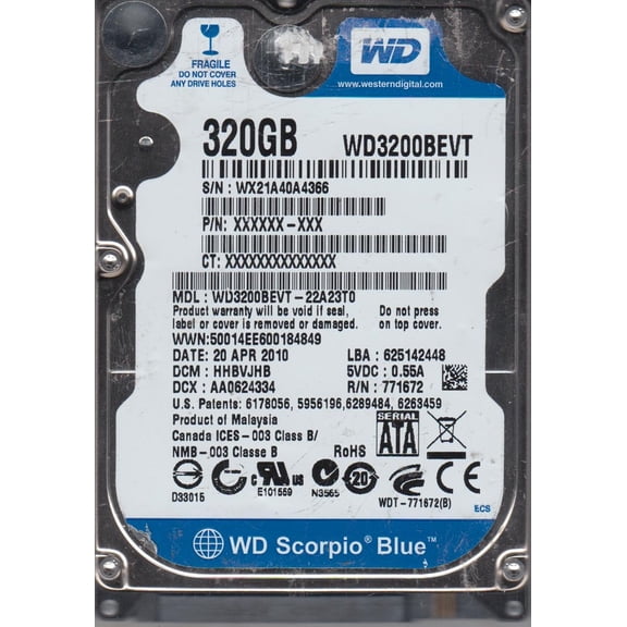 WD3200BEVT-22A23T0, DCM HHBVJHB, Western Digital 320GB SATA 2.5 Hard Drive