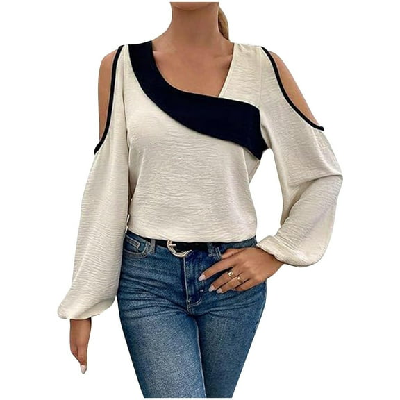Womens Tops, Women's Cold Shoulder Colorblock Tops Long Sleeve Off Shoulder Casual Shirts Asymmetrical Blouse