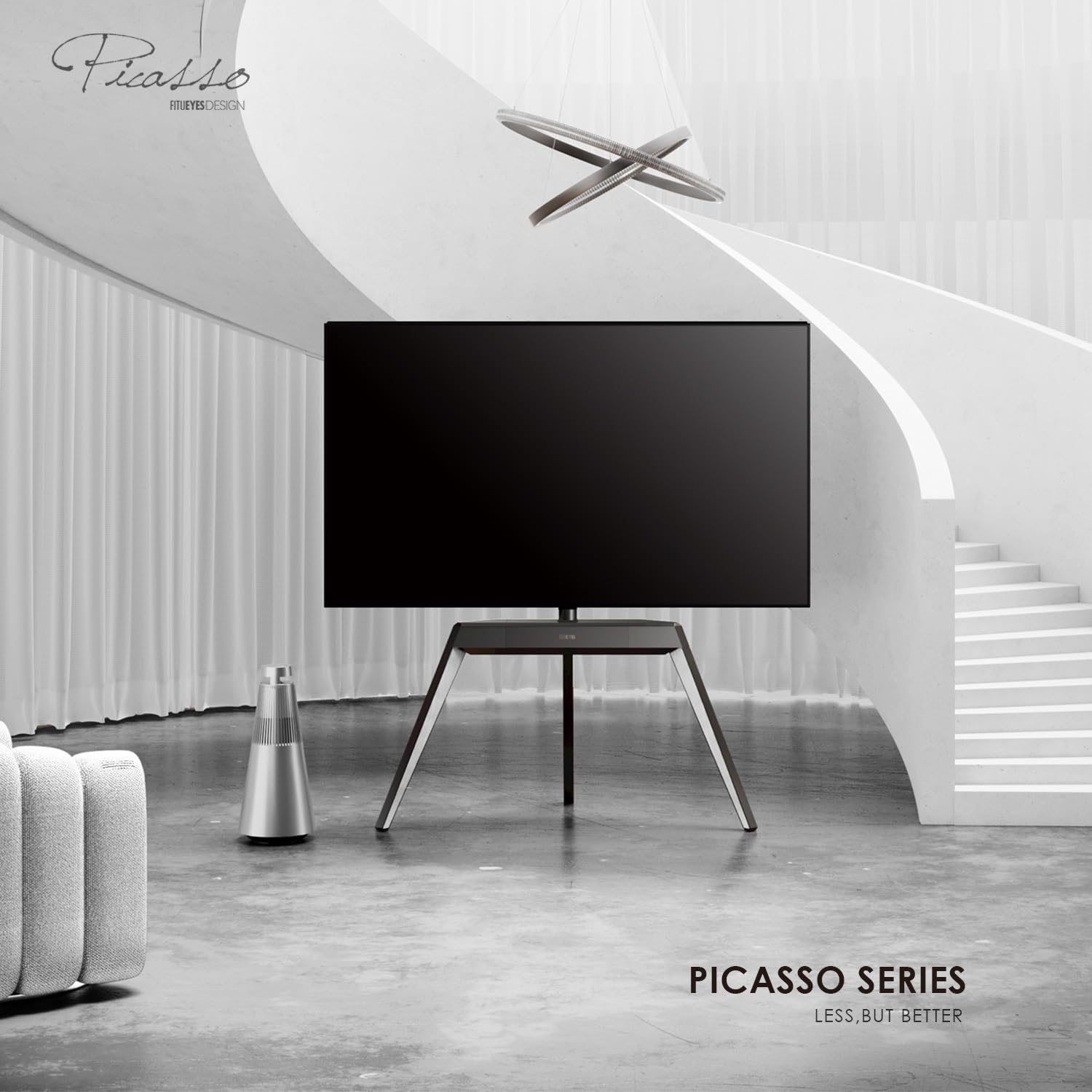FITUEYES Picasso Series Corner TV Stand for 55–78 Inch TVs, Black & White, Cable Management