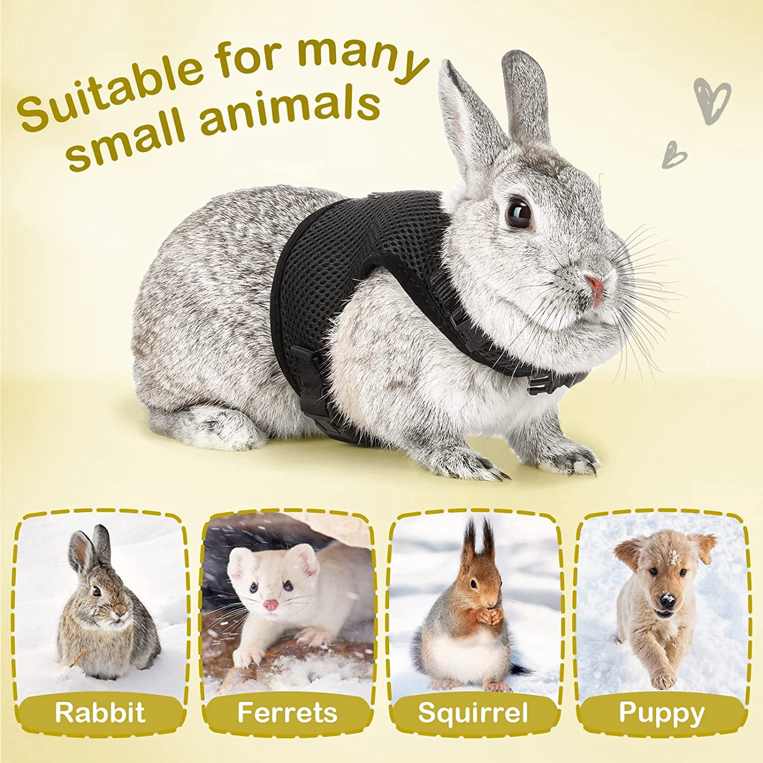 Bunny Rabbit Harness with Stretchy Leash Cute Adjustable Buckle Breathable Mesh Vest for Kitten Small Pets Walking (Black,XS)