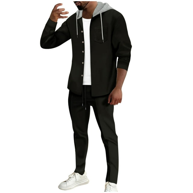 Yuyuzo Mens 2 Piece Sweatsuits Set Long Sleeve Button down Jackets Joggers 2 Piece Textured Tracksuits