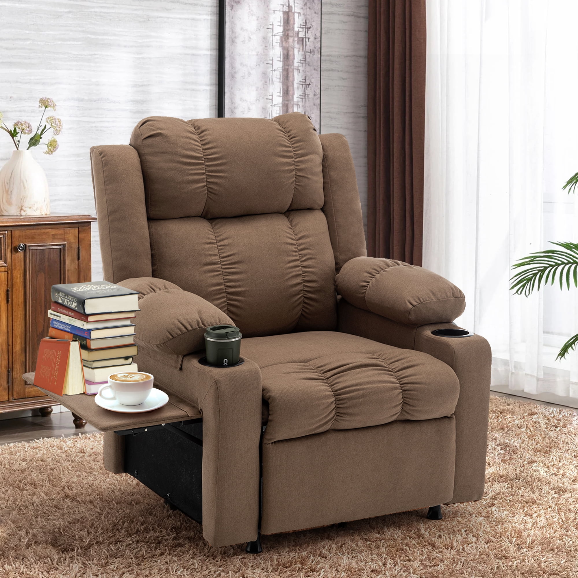 Andeworld 22" Recliner Chairs with Heat and Massage,Oversized Recliner Sofa chairs with Cup Holder, Side Pocket and Tray Taable for Living Rooms, Bedrooms, and Nurseries(Coffee)