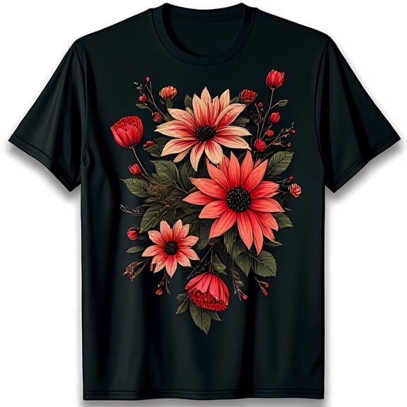 Black T-Shirt with Vibrant Floral Print Pink & Red Flowers