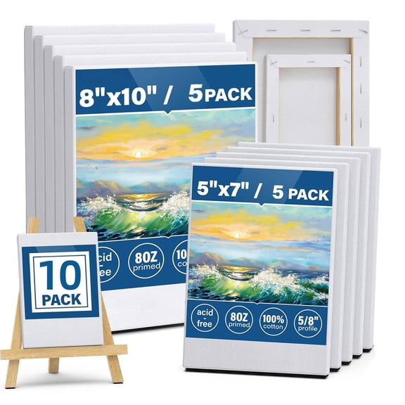 10 Pack Stretched Canvases for Art Painting, 5x7 & 8x10 Inch Multipack
