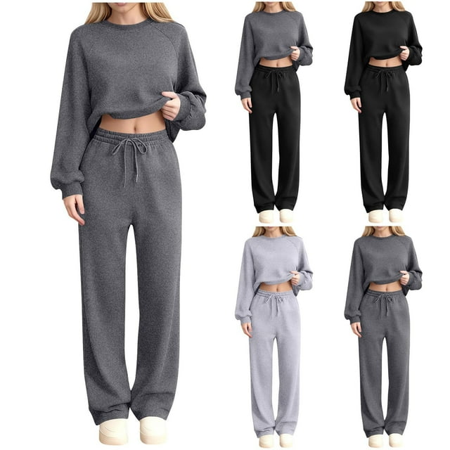 Sentmoon Ensembles de Joggeurs pour Femmes 2 Pcs Hauts pour Femmes Vêtements d'Automne Femmes Chandail Sport Manches Longues Col Rond Manches Raglan Blouse Pantalon Chandail en Molleton Ensemble de Survêtement Taille Élastique Deux Pièces