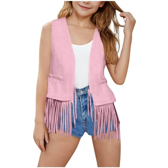 VINUSLI Hippie Fringe Vest Toddler Western Open Front Tassel Vests Lightweight Faux Suede Sleeveless Fall Trendy Cardigans with Pocket Pink,7 Years