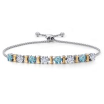 Gem Stone King 925 Silver and 10K Yellow Gold Blue Zircon and White Moissanite Bracelet for Women | 2.92 Cttw | Gemstone Birthstone | Round 4MM | Adjustable up to 9 inch
