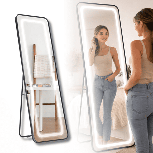 Espejo con Luz Led Touch 3 Tonos CTT Espejo de Piso / Pared Grande Found Ideal Para Baño, Vestidor, Tocador, Habitacion, Espejo Moderno Minimalista Rectangular Vertical 120x35cm con Marco Luz LED