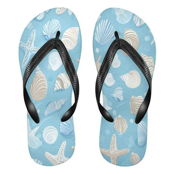 Unisex Comfort Flip Flops Summer Thong Sandals Non Slip Soles Flip Flop for Beach, Pool, and Daily Wear Light Blue Seashells and Starfish XS