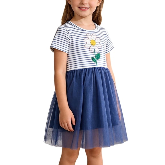 Girls Dress Kids Little Girl Blue Striped Tulle Sequin Flower Casual Party Dresses for Kids,Size 4 T