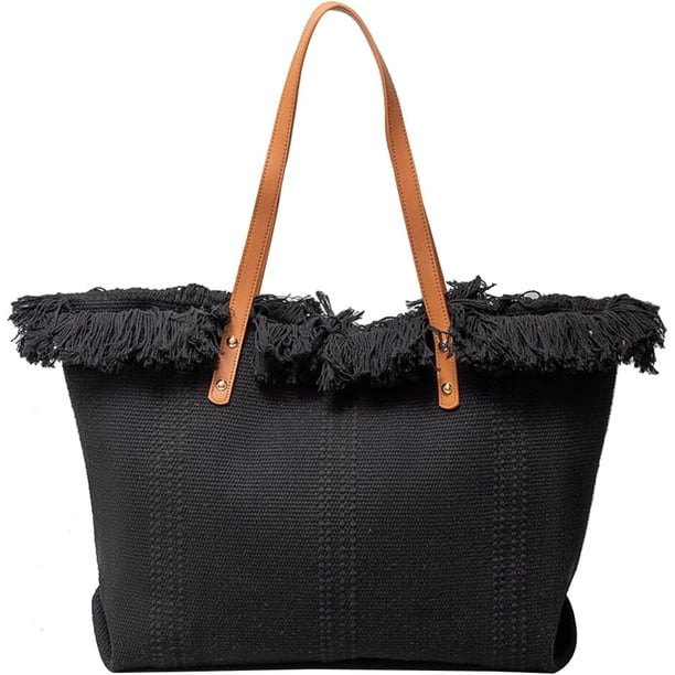 LHSHID Tote Bag for Women Cute Canvas Shoulder Bag Summer Vibe Beach Bag Casual Handbag Bohemian Hobo Bag with Tassels