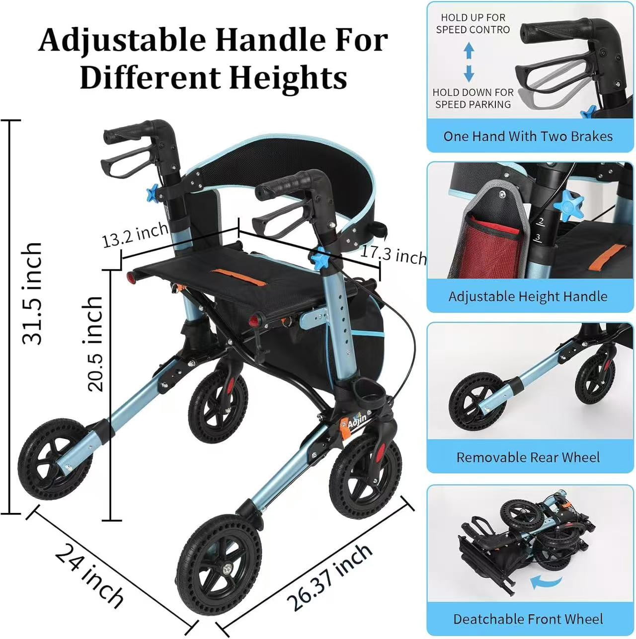 Aukfa Foldable Rollator Walkers with Seat,8" Big Wheels All Terrain Rolling Walker for Seniors,Blue