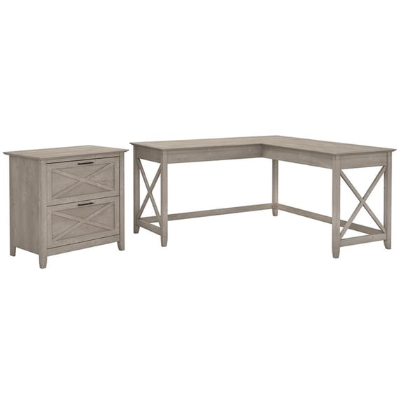 Bush Furniture Key West 60W L Shaped Desk with File Cabinet in Washed Gray