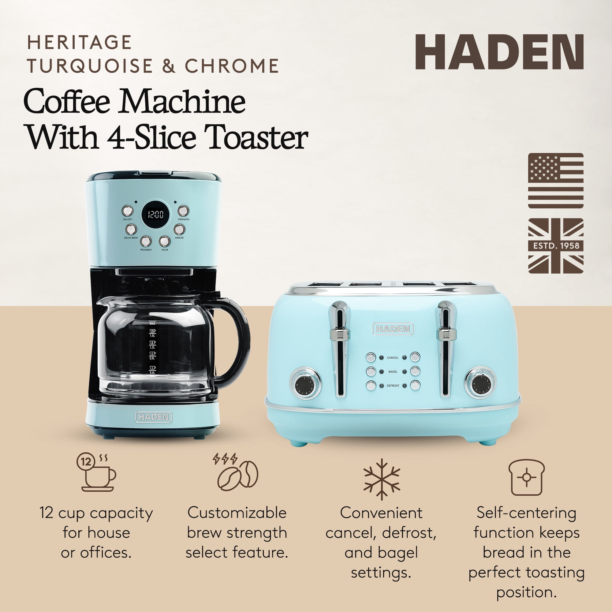 Haden Coffee Maker & Heritage 4 Slice Wide Toaster, Turquoise & Chrome