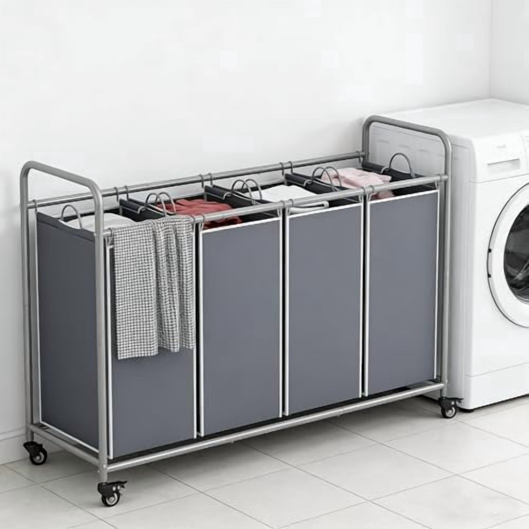 Laundry Basket, 4-Bag Laundry Hamper, Grey Laundry Sorter with Heavy Duty Lockable Rolling Wheels, Laundry Room Organization with Removable Bags Basket Separator for Dirty Clothes Storage