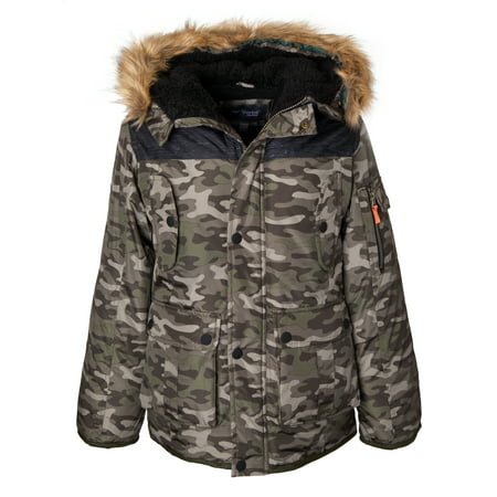Sportoli Boys’ Heavy Fleece Lined Winter Puffer Parka Coat Jacket Fur Trim Hood - Green Camo (Size