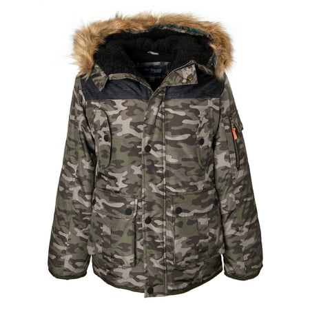 Fur Trim Hooded Coat Sportoli Boys’ Heavy Fleece Lined Winter Puffer Parka Coat Jacket Fur Trim Hood - Green Camo (Size 7) ()